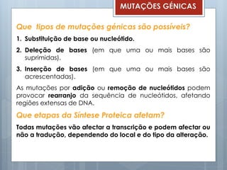 Que tipos de mutações génicas são possíveis?
1. Substituição de base ou nucleótido.
2. Deleção de bases (em que uma ou mais bases são
suprimidas).
3. Inserção de bases (em que uma ou mais bases são
acrescentadas).
As mutações por adição ou remoção de nucleótidos podem
provocar rearranjo da sequência de nucleótidos, afetando
regiões extensas de DNA.
Que etapas da Síntese Proteica afetam?
Todas mutações vão afectar a transcrição e podem afectar ou
não a tradução, dependendo do local e do tipo da alteração.
MUTAÇÕES GÉNICAS
 