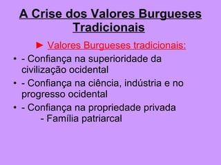A Crise dos Valores Burgueses Tradicionais   ►  Valores Burgueses tradicionais: - Confiança na superioridade da civilização ocidental - Confiança na ciência, indústria e no progresso ocidental - Confiança na propriedade privada  - Família patriarcal 
