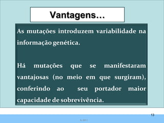 Vantagens…
As mutações introduzem variabilidade na
informação genética.


Há   mutações     que            se   manifestaram
vantajosas (no meio em que surgiram),
conferindo   ao    seu            portador   maior
capacidade de sobrevivência.

                                                     13
                       IL 2011
 