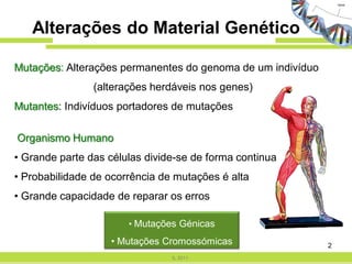 Alterações do Material Genético

Mutações: Alterações permanentes do genoma de um indivíduo
                (alterações herdáveis nos genes)
Mutantes: Indivíduos portadores de mutações

Organismo Humano
• Grande parte das células divide-se de forma continua
• Probabilidade de ocorrência de mutações é alta
• Grande capacidade de reparar os erros

                       • Mutações Génicas

                   • Mutações Cromossómicas                  2
                                IL 2011
 