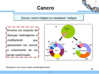 Cancro
                  Cancro, tumor maligno ou neoplasia* maligna



 Envolve um conjunto de
 doenças heterogéneo e
 multifactorial                 que
 apresentam em comum
 o crescimento de um
 tecido neoformado.



*Neoplasia= neo (novo)+ plasia (proliferação,tecido)
                                                                20
                                                  IL 2011
 