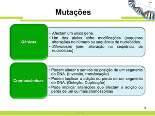 Mutações

                • Afectam um único gene.
                • Um dos alelos sofre modificações (pequenas
   Génicas        alterações no número ou sequência de nucleótidos.
                • Silenciosas (sem alteração na sequência de
                  nucleótidos)




                • Podem alterar o sentido ou posição de um segmento
                  de DNA. (Inversão, translocação)
                • Podem implicar a adição ou perda de um segmento
Cromossómicas
                  de DNA. (Deleção, Duplicação)
                • Pode implicar alterações que afectam a adição ou
                  perda de um ou mais cromossomas



                                                                      5
                              IL 2011
 