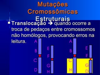 MutaçõesMutações
CromossômicasCromossômicas
EstruturaisEstruturais TranslocaçãoTranslocação  quando ocorre aquando ocorre a
troca de pedaços entre cromossomostroca de pedaços entre cromossomos
não homólogos, provocando erros nanão homólogos, provocando erros na
leitura.leitura.
 