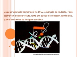 Qualquer alteração permanente no DNA é chamada de mutação. Pode ocorrer em qualquer célula, tanto em células de linhagem germinativa, quanto em células de linhagem somática. http://www.brasilescola.com/biologia/mutacoes-genicas.htm 
