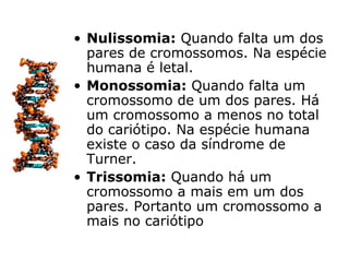 • Nulissomia: Quando falta um dos
  pares de cromossomos. Na espécie
  humana é letal.
• Monossomia: Quando falta um
  cromossomo de um dos pares. Há
  um cromossomo a menos no total
  do cariótipo. Na espécie humana
  existe o caso da síndrome de
  Turner.
• Trissomia: Quando há um
  cromossomo a mais em um dos
  pares. Portanto um cromossomo a
  mais no cariótipo
 