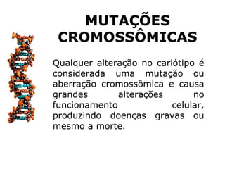 MUTAÇÕES
 CROMOSSÔMICAS
Qualquer alteração no cariótipo é
considerada uma mutação ou
aberração cromossômica e causa
grandes       alterações       no
funcionamento             celular,
produzindo doenças gravas ou
mesmo a morte.
 