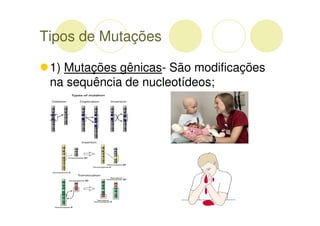 Tipos de Mutações

 1) Mutações gênicas- São modificações
 na sequência de nucleotídeos;
 