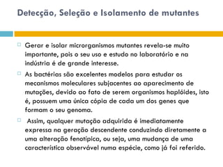 Detecção, Seleção e Isolamento de mutantes


   Gerar e isolar microrganismos mutantes revela-se muito
    importante, pois o seu uso e estudo no laboratório e na
    indústria é de grande interesse.
   As bactérias são excelentes modelos para estudar os
    mecanismos moleculares subjacentes ao aparecimento de
    mutações, devido ao fato de serem organismos haplóides, isto
    é, possuem uma única cópia de cada um dos genes que
    formam o seu genoma.
    Assim, qualquer mutação adquirida é imediatamente
    expressa na geração descendente conduzindo diretamente a
    uma alteração fenotípica, ou seja, uma mudança de uma
    característica observável numa espécie, como já foi referido.
 