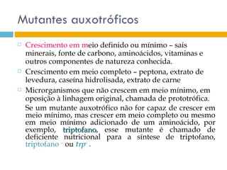 Mutantes auxotróficos
   Crescimento em meio definido ou mínimo – sais
    minerais, fonte de carbono, aminoácidos, vitaminas e
    outros componentes de natureza conhecida.
   Crescimento em meio completo – peptona, extrato de
    levedura, caseína hidrolisada, extrato de carne
   Microrganismos que não crescem em meio mínimo, em
    oposição à linhagem original, chamada de prototrófica.
    Se um mutante auxotrófico não for capaz de crescer em
    meio mínimo, mas crescer em meio completo ou mesmo
    em meio mínimo adicionado de um aminoácido, por
    exemplo, triptofano, esse mutante é chamado de
                triptofano
    deficiente nutricional para a síntese de triptofano,
    triptofano – ou trp- .
 