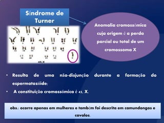 Síndrome de
              Turner
                                              Anomalia cromossómica
                                               cuja origem é a perda
                                               parcial ou total de um
                                                  cromossoma X




• Resulta      de   uma    não-disjunção      durante   a   formação    do
     espermatozóide;
•    A constituição cromossómica é 45, X.


    obs.: ocorre apenas em mulheres e também foi descrita em camundongos e
                                   cavalos.
 