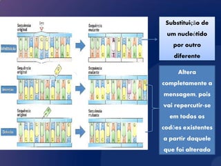 Substituição de
 um nucleótido
   por outro
    diferente

     Altera
completamente a
mensagem, pois
vai repercutir-se
  em todos os
codões existentes
a partir daquele
que foi alterado
 
