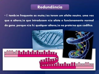 Redundância
• É também frequente as mutações terem um efeito neutro, uma vez
que a alteração que introduzem não afeta o funcionamento normal
do gene, porque não há qualquer alteração na proteína que codifica.
 