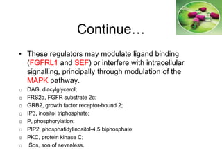 Continue…
• These regulators may modulate ligand binding
(FGFRL1 and SEF) or interfere with intracellular
signalling, principally through modulation of the
MAPK pathway.
o DAG, diacylglycerol;
o FRS2α, FGFR substrate 2α;
o GRB2, growth factor receptor-bound 2;
o IP3, inositol triphosphate;
o P, phosphorylation;
o PIP2, phosphatidylinositol-4,5 biphosphate;
o PKC, protein kinase C;
o Sos, son of sevenless.
 