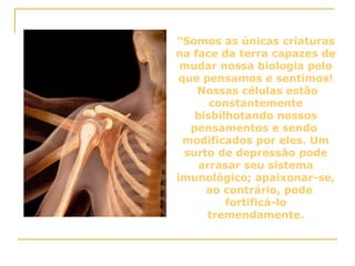 "Somos as únicas criaturas na face da terra capazes de mudar nossa biologia pelo que pensamos e sentimos!  Nossas células estão constantemente bisbilhotando nossos pensamentos e sendo  modificados por eles. Um surto de depressão pode arrasar seu sistema imunológico; apaixonar-se,  ao contrário, pode fortificá-lo tremendamente. 
