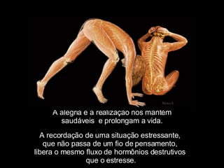 A alegria e a realização nos mantém saudáveis  e prolongam a vida. Mensch A recordação de uma situação estressante,  que não passa de um fio de pensamento,  libera o mesmo fluxo de hormônios destrutivos  que o estresse. 