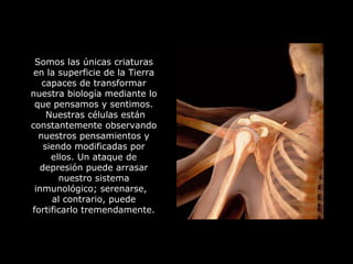 Somos las únicas criaturas en la superficie de la Tierra capaces de transformar nuestra biología mediante lo que pensamos y sentimos.  Nuestras células están constantemente observando nuestros pensamientos y siendo modificadas por ellos. Un ataque de depresión puede arrasar nuestro sistema inmunológico; serenarse,  al contrario, puede fortificarlo tremendamente. 