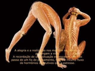 A alegria e a realização nos mantém saudáveis  e prolongam a vida. A recordação de uma situação estressante, que não passa de um fio de pensamento, libera o mesmo fluxo de hormônios destrutivos que o estresse. 