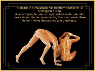 A alegria e a realização nos mantém saudáveis  e prolongam a vida. A recordação de uma situação estressante, que não passa de um fio de pensamento, libera o mesmo fluxo de hormônios destrutivos que o estresse. 