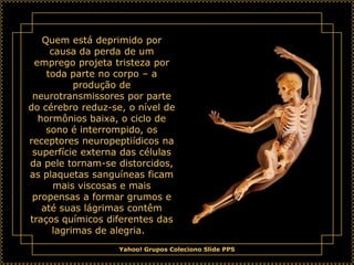 Quem está deprimido por
     causa da perda de um
 emprego projeta tristeza por
    toda parte no corpo – a
          produção de
 neurotransmissores por parte
do cérebro reduz-se, o nível de
  hormônios baixa, o ciclo de
    sono é interrompido, os
receptores neuropeptiídicos na
 superfície externa das células
da pele tornam-se distorcidos,
as plaquetas sanguíneas ficam
      mais viscosas e mais
 propensas a formar grumos e
   até suas lágrimas contêm
traços químicos diferentes das
     lagrimas de alegria.
                   Yahoo! Grupos Coleciono Slide PPS
 