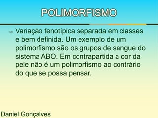 POLIMORFISMO 
 Variação fenotípica separada em classes 
e bem definida. Um exemplo de um 
polimorfismo são os grupos de sangue do 
sistema ABO. Em contrapartida a cor da 
pele não é um polimorfismo ao contrário 
do que se possa pensar. 
Daniel Gonçalves 
 