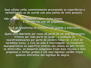 Suas células estão constantemente processando as experiências e metabilizando-as de acordo com seus pontos de vista pessoais.  Não se pode simplesmente captar dados brutos  e carimbá-los com um julgamento.  Você se transforma na interpretação quando a internaliza.               Quem está deprimido por causa da perda de um emprego projeta tristeza por toda parte no corpo – a produção de neurotransmissores por parte do cérebro reduz-se, o nível de hormônios baixa, o ciclo de sono é interrompido, os receptores neuropeptiídicos na superfície externa das células da pele tornam-se distorcidos, as plaquetas sanguíneas ficam mais viscosas e mais propensas a formar grumos e até suas lágrimas contêm traços químicos diferentes das lagrimas de alegria.     