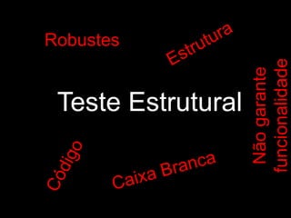 Teste Estrutural
Estrutura
Caixa Branca
Código
Robustes
Nãogarante
funcionalidade
 