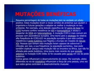 MUTAÇÕES BENÉFICASMUTAÇÕES BENÉFICAS
Pequena percentagem de todas as mutações tem na verdade um efeito
positivo. Estas mutações levam a novas versões de proteínas que ajudam o
organismo e futuras gerações a adaptar-se melhor a mudanças no seu
ambiente. Por exemplo, uma deleção específica de 32 pares de base no
CCR5 humano confere resistência ao HIV a homozigóticos e atrasa o
despertar do SIDA em heterozigóticos. A mutação CCR5 é mais comum em
pessoas com ascendência européia. Uma teoria para a etiologia da relativapessoas com ascendência européia. Uma teoria para a etiologia da relativa
alta frequência do CCR5-∆32 na população européia é que esta confere
resistência à peste bubônica que flagelou a Europa em meados do Século
XIV. Pessoas que tinham esta mutação foram capazes de sobreviver à
infecção; por isso, a sua frequência na população aumentou. Isso pode
também explicar porque esta mutação não se encontra na África, que não foi
afetada pela peste bubônica. Uma teoria mais recente diz que pressão
selectiva na mutação CCR5 Delta 32 foi causada pela varíola em vez da peste
bubónica.
Outros genes influenciam o desenvolvimento do corpo. Por exemplo, alelos
diferentes na via da miostatina influenciam a força de uma pessoa, uma vez
que estes genes controlam o desenvolvimento muscular.
 