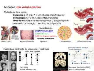 MUTAÇÃO gera variação genética
    Mutação de base unica:
            transições: C->T e G->A (>semelhança, mais frequente)
            transversões: C->G e C->A (distintos, mais raro)
            taxas de mutação mais frequentes onde C é seguido por G
            taxa média de mutação: 1 em 4 M/ locus/ geração




Fibrose cistica    Neurofibromatose       Tay Sachs       Color blindness       Anemia falsiforme



   Expansão e contração de sequencias repetitivas:




                   Fra X (CGG)                                        Coreia de Huntington (CGG)
                   Nl=<44, afetado=>200                               Nl=<28, afetado=>40
 