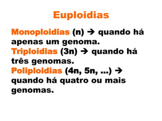 Euploidias
Monoploidias (n)  quando há
apenas um genoma.
Triploidias (3n)  quando há
três genomas.
Poliploidias (4n, 5n, ...) 
quando há quatro ou mais
genomas.
 