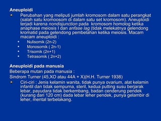 Aneuploidi Perubahan yang meliputi jumlah kromosom dalam satu perangkat (salah satu kromoosom di dalam satu set kromosom). Aneuploidi terjadi karena  nondisjunction  pada  kromosom homolog ketika anaphase meiosis I dan  anfase lag  (tidak melekatnya gelendong kromatid pada gelendong pembelahan ketika meiosis. Macam macam aneuploidi : Nulisomik (2n-2) Monosomik ( 2n-1) Trisomik (2n+1) Tetrasomik ( 2n+2) Aneuploidi pada manusia Beberapa mutan pada manusia : Sindrom Turner (45,XO atau 44A + X)(H.H. Turner 1938) Ciri-ciri : Jenis kelamin wanita, tidak punya ovarium, alat kelamin infantil dan tidak sempurna, steril, kedua putting susu berjarak lebar, payudara tidak berkembang, badan cenderung pendek (kurang dari 120 cm) dada lebar leher pendek, punya gelambir di leher, mental terbelakang. 