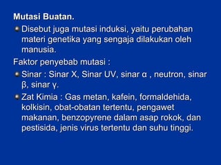 Mutasi Buatan. Disebut juga mutasi induksi, yaitu perubahan materi genetika yang sengaja dilakukan oleh manusia. Faktor penyebab mutasi : Sinar : Sinar X, Sinar UV, sinar  α  , neutron, sinar  β , sinar  γ . Zat Kimia : Gas metan, kafein, formaldehida, kolkisin, obat-obatan tertentu, pengawet makanan, benzopyrene dalam asap rokok, dan pestisida, jenis virus tertentu dan suhu tinggi. 
