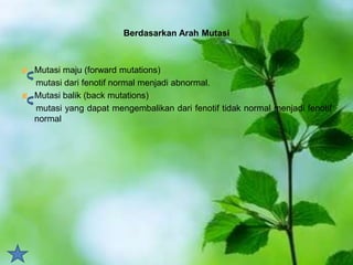Berdasarkan Arah Mutasi
Mutasi maju (forward mutations)
mutasi dari fenotif normal menjadi abnormal.
Mutasi balik (back mutations)
mutasi yang dapat mengembalikan dari fenotif tidak normal menjadi fenotif
normal
 
