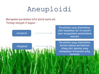 Aneuploidi
Merupakan perubahan sifat ploidi suatu sel.
Terbagi menjadi 2 bagian :
Autoploidi
Alloploidi
Perubahan yang disebabkan
oleh kesalahan sel itu sendiri
saat mengadakan pembelahan
meiosis
Perubahan yang disebabkan
karena adanya perkawinan
silang dari spesies yang
mempunyai kromosom yang
berbeda
 
