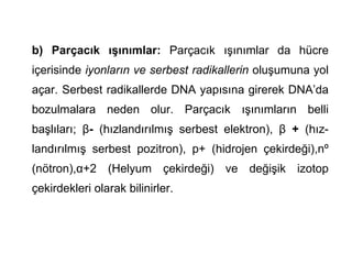 b) Parçacık ışınımlar: Parçacık ışınımlar da hücre
içerisinde iyonların ve serbest radikallerin oluşumuna yol
açar. Serbest radikallerde DNA yapısına girerek DNA’da
bozulmalara neden olur. Parçacık ışınımların belli
başlıları; β- (hızlandırılmış serbest elektron), β + (hız-
landırılmış serbest pozitron), p+ (hidrojen çekirdeği),nº
(nötron),α+2 (Helyum çekirdeği) ve değişik izotop
çekirdekleri olarak bilinirler.
 