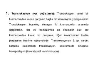 1.     Translokasyon (yer değiştirme): Translokasyon terimi bir

     kromozomdan kopan parçanın başka bir kromozoma yerleşmesidir.

     Translokasyon      homolog    olmayan    iki      kromozomlar     arasında

     gerçekleşir.    Her   iki   kromozomda       da     kırılmalar   olur.   Bir

     kromozomdan kırılan bir parçanın, diğer kromozomun kırılan

     parçasının üzerine yapışmasıdır. Translokasyonun 3 tipi vardır;

     karşılıklı   (resiprokal)   translokasyon,     sentromerde       birleşme,

     transpozisyon (insersiyonel translokasyon).
 