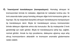 c.    İnsersiyonel translokasyon (transpozisyon): Homolog olmayan iki
     kromozomdan birinde iki noktadan, diğerinde bir noktadan kırılma olur. İki
     kırık arasında kalan parça homolog olmayan diğer kırık kromozoma gider ve
     kaynaşır. Bu tip resiprokal (karşılıklı) olmayan translokasyona transpozisyon
     tip translokasyon denir. Böyle bir translokasyon sonucu kromozomdan
     birinde delesyon diğerinde artma söz konusudur. Bu tip mutasyonlar 3 kırık
     gerektirdiği için nadir görülür. Böyle bir translokasyona sahip kişi, sağlıklı,
     normal görülür. Ancak bu kişi çocuklarına, delesyona uğramış veya artış
     olmuş kromozomlarını aktarabilir ve kromozom anomalisi göstermesine
     neden olabilir.
 