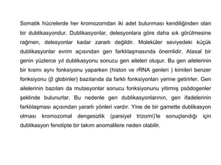 Somatik hücrelerde her kromozomdan iki adet bulunması kendiliğinden olan
bir dublikasyondur. Dublikasyonlar, delesyonlara göre daha sık görülmesine
rağmen, delesyonlar kadar zararlı değildir. Moleküler seviyedeki küçük
dublikasyonlar evrim açısından gen farklılaşmasında önemlidir. Atasal bir
genin yüzlerce yıl dublikasyonu sonucu gen aileleri oluşur. Bu gen ailelerinin
bir kısmı aynı fonksiyonu yaparken (histon ve rRNA genleri ) kimileri benzer
fonksiyonu (β globinler) bazılarıda da farklı fonksiyonları yerine getirirler. Gen
ailelerinin bazıları da mutasyonlar sonucu fonksiyonunu yitirmiş psödogenler
şeklinde bulunurlar. Bu nedenle gen dublikasyonlarının, gen ifadelerinin
farklılaşması açısından yararlı yönleri vardır. Yine de bir gamette dublikasyon
olması   kromozomal     dengesizlik   (parsiyel   trizomi)’le   sonuçlandığı   için
dublikasyon fenotipte bir takım anomalilere neden olabilir.
 