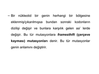 – Bir nükleotid bir genin herhangi bir bölgesine
 eklenmiş/çıkarılmışsa    bundan   sonraki   kodonların
 dizilişi değişir ve bunlara karşılık gelen aa’ lerde
 değişir. Bu tür mutasyonlara framesthift (çerçeve
 kayması) mutasyonları denir. Bu tür mutasyonlar
 genin anlamını değiştirir.
 