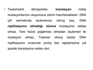 • Tautometrik      dönüşümler,         transisyon        nokta
  mutasyonlarının oluşumuna zemin hazırlamaktadır. DNA
  çift   sarmalında      tautomerize    olmuş    baz,     DNA
  replikasyonu     olmadığı    sürece    mutasyona       sebep
  olmaz. Yani hücre çoğalması olmadan tautomeri ile
  mutasyon      olmaz.    Totomer      olmuş    bazlar    DNA
  replikasyonu sırasında yanlış baz eşleşmesine yol
  açarak transisyona neden olur.
 
