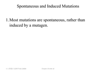 Spontaneous and Induced Mutations


1.Most mutations are spontaneous, rather than
  induced by a mutagen.




台大農藝系 遺傳學 601 20000    Chapter 19 slide 10
 