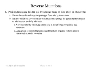 Reverse Mutations
1. Point mutations are divided into two classes based on their effect on phenotype:
    a. Forward mutations change the genotype from wild type to mutant.
    b. Reverse mutations (reversions or back mutations) change the genotype from mutant
       to wild-type or partially wild-type.
         i. A reversion to the wild-type amino acid in the affected protein is a true
            reversion.
         ii. A reversion to some other amino acid that fully or partly restores protein
             function is a partial reversion.




台大農藝系 遺傳學 601 20000                     Chapter 19 slide 9
 