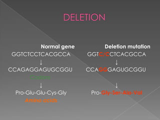 Normal gene
GGTCTCCTCACGCCA
↓
CCAGAGGAGUGCGGU
Codons
↓
Pro-Glu-Glu-Cys-Gly
Amino acids
Deletion mutation
GGTC/CCTCACGCCA
↓
CCAGGGAGUGCGGU
↓
Pro-Gly-Ser-Ala-Val