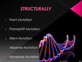1.
Point Mutation
2.
Frameshift Mutation
3.
Silent Mutation
4.
Missense Mutation
5.
Nonsense Mutation