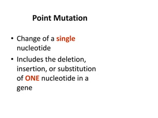 Point Mutation
• Change of a single
nucleotide
• Includes the deletion,
insertion, or substitution
of ONE nucleotide in a
gene
 