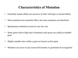 Characteristics of Mutation
• Generally mutant alleles are recessive to their wild type or normal alleles
• Most mutations have harmful effect, but some mutations are beneficial
• Spontaneous mutations occurs at very low rate
• Some genes shows high rate of mutation such genes are called as mutable
gene
• Highly mutable sites within a gene are known as hot spots.
• Mutation can occur in any tissue/cell (somatic or germinal) of an organism
 