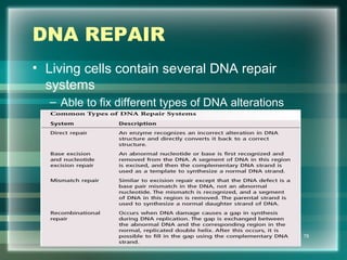 DNA REPAIR
• Living cells contain several DNA repair
systems
– Able to fix different types of DNA alterations
78
 