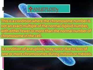 ANUEPLOIDy
This is a condition where the chromosome number is
not an exact multiple of the normal diploid number,
with either fewer or more than the normal number of
chromosome in the cell.
A condition of aneuploidy may occur due to loss of
one or more chromosomes during mitosis or meiosis.
 