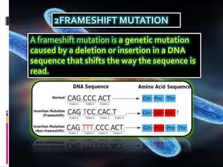 A frameshift mutation is a genetic mutation
caused by a deletion or insertion in a DNA
sequence that shifts the way the sequence is
read.
 