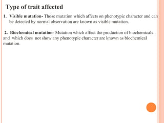 Type of trait affected
1. Visible mutation- Those mutation which affects on phenotypic character and can
be detected by normal observation are known as visible mutation.
2. Biochemical mutation- Mutation which affect the production of biochemicals
and which does not show any phenotypic character are known as biochemical
mutation.
 