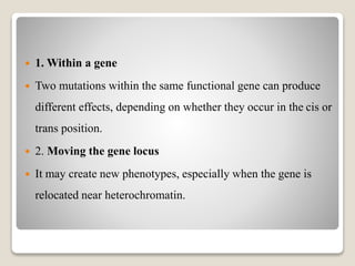  1. Within a gene
 Two mutations within the same functional gene can produce
different effects, depending on whether they occur in the cis or
trans position.
 2. Moving the gene locus
 It may create new phenotypes, especially when the gene is
relocated near heterochromatin.
 